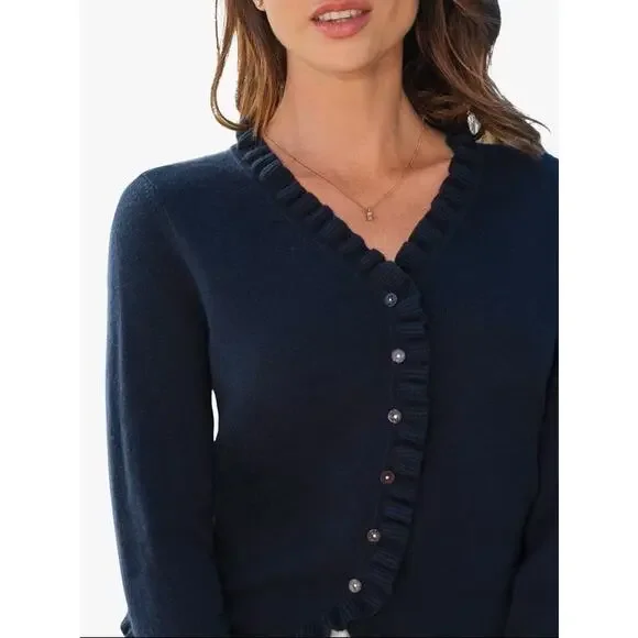 Pure Collection Ruffle Pure Cashmere Cardigan - Navy - Size 6 - Picture 4 of 8